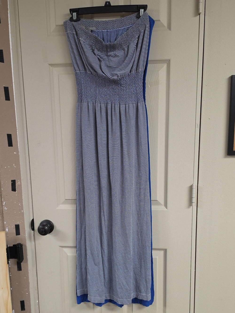 Blue Striped Strapless Maxi Dress